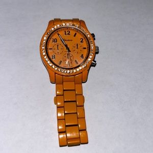Geneva Orange Rhinestone Vintage Stop Watch Wrist Watch Clasp Closure